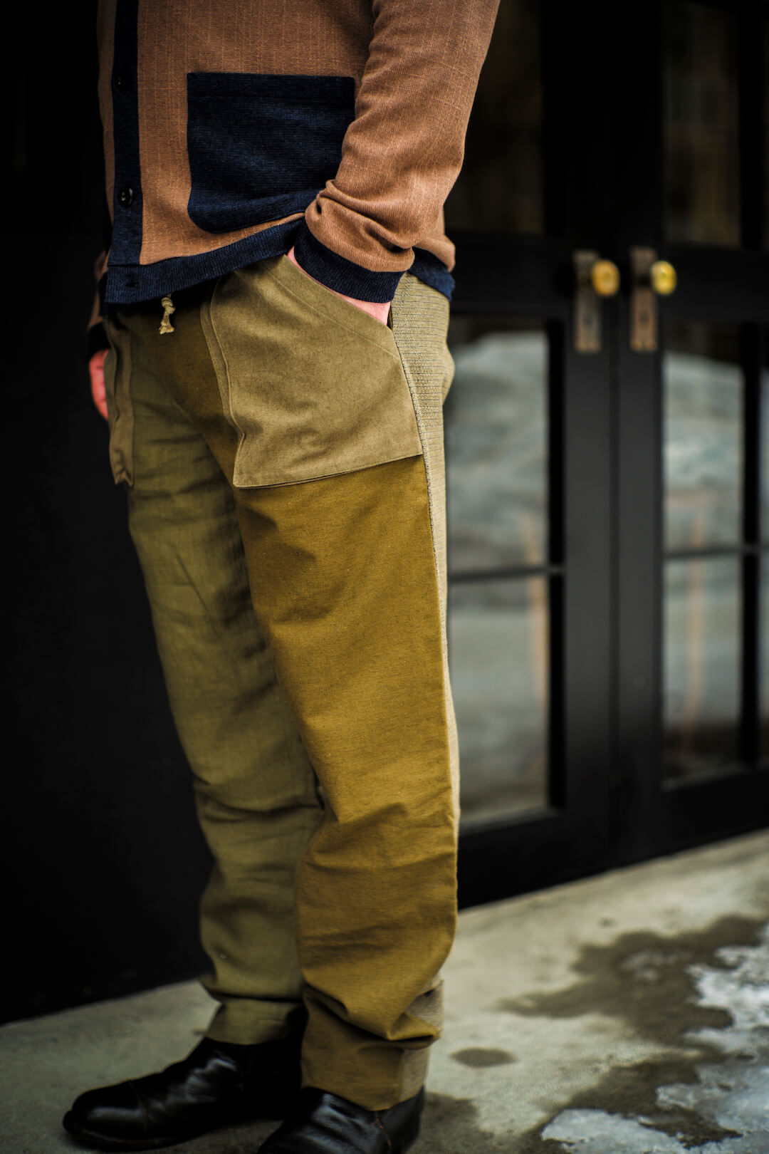 MIXED MATERIAL DRAWSTRING TROUSERS