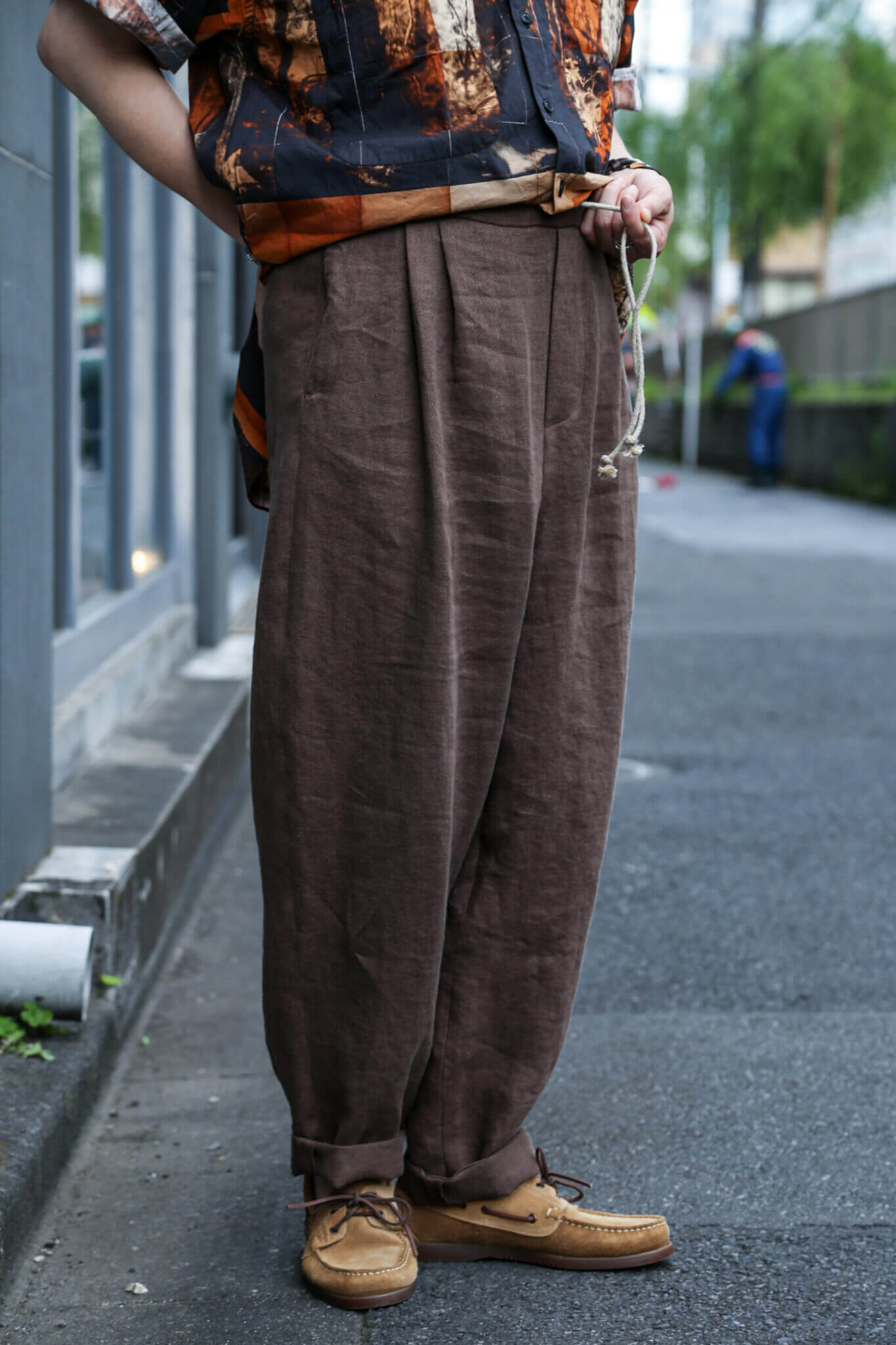 WASHED OLD LINEN 2TUCK DRAWSTRING TROUSERS